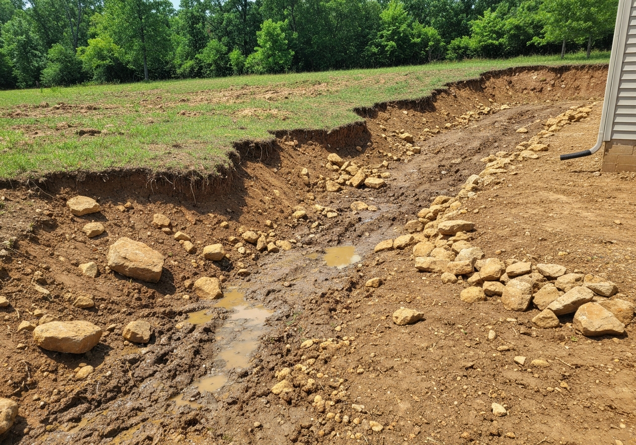 Before: Sloped, rocky yard with poor drainage