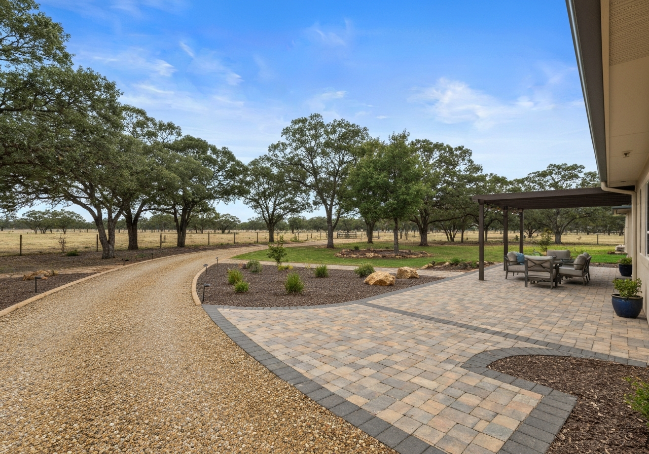 Natural-stone hardscape and retaining wall designed for a hilly acreage lot near Potosi Missouri