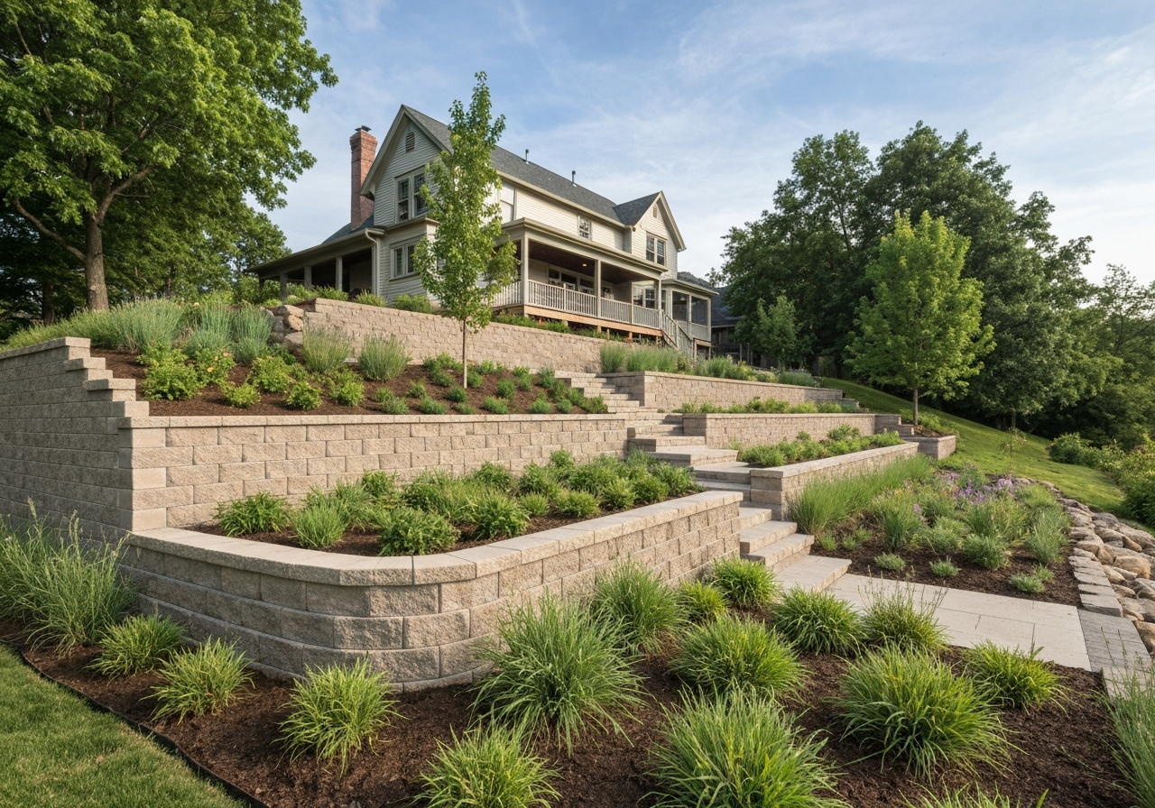 After: Finished landscape design and retaining wall
