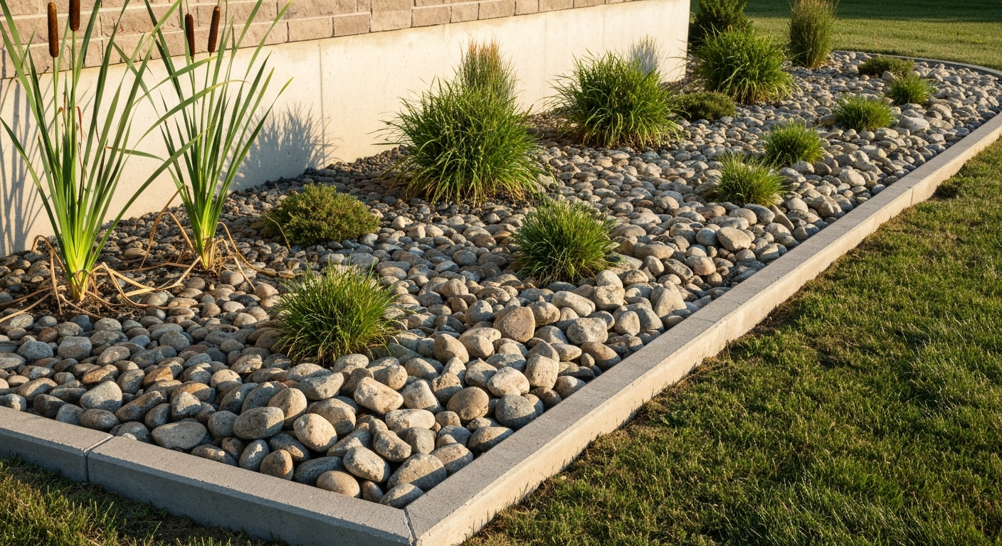 Neat decorative river rock bed with native plants