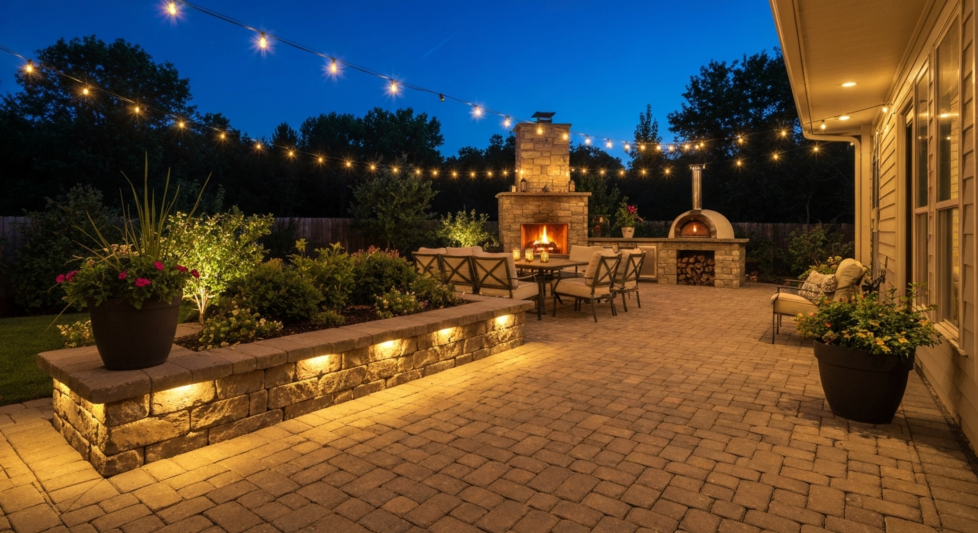 Brass low-voltage landscape lighting fixture in mulched bed