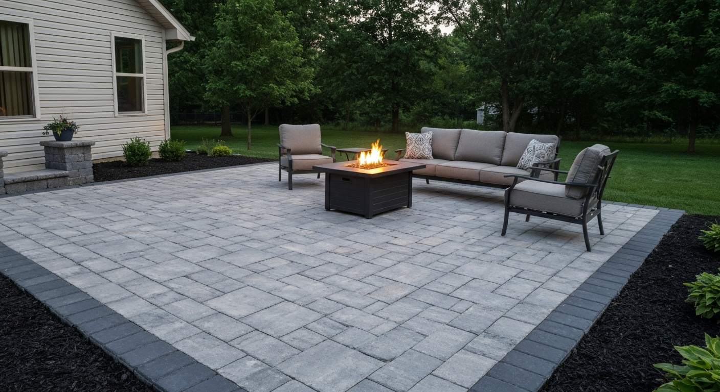 Finished paver patio with a fire pit and furniture