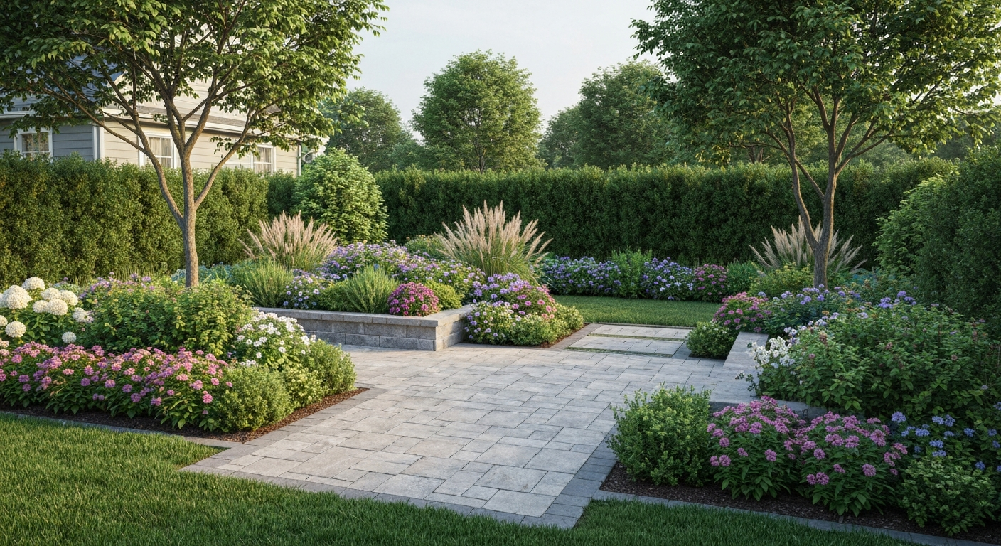 3-D style rendering view of a backyard with patio and planting beds