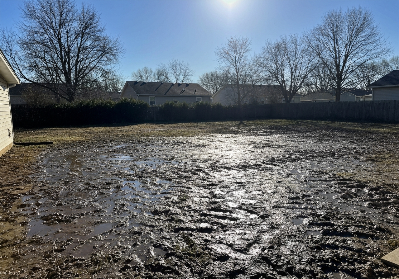 A plain, muddy, empty residential backyard with no landscaping
