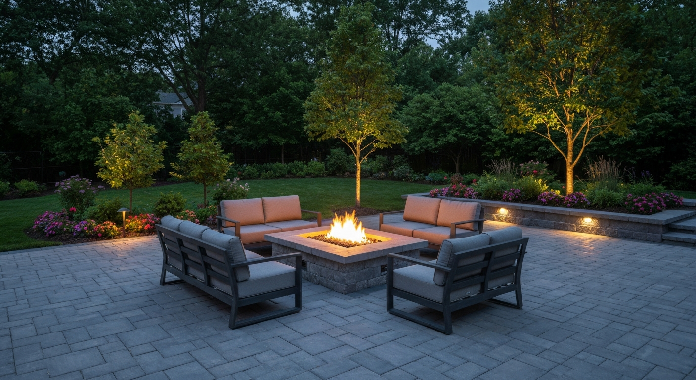 Paver patio with a fire pit and seating at dusk