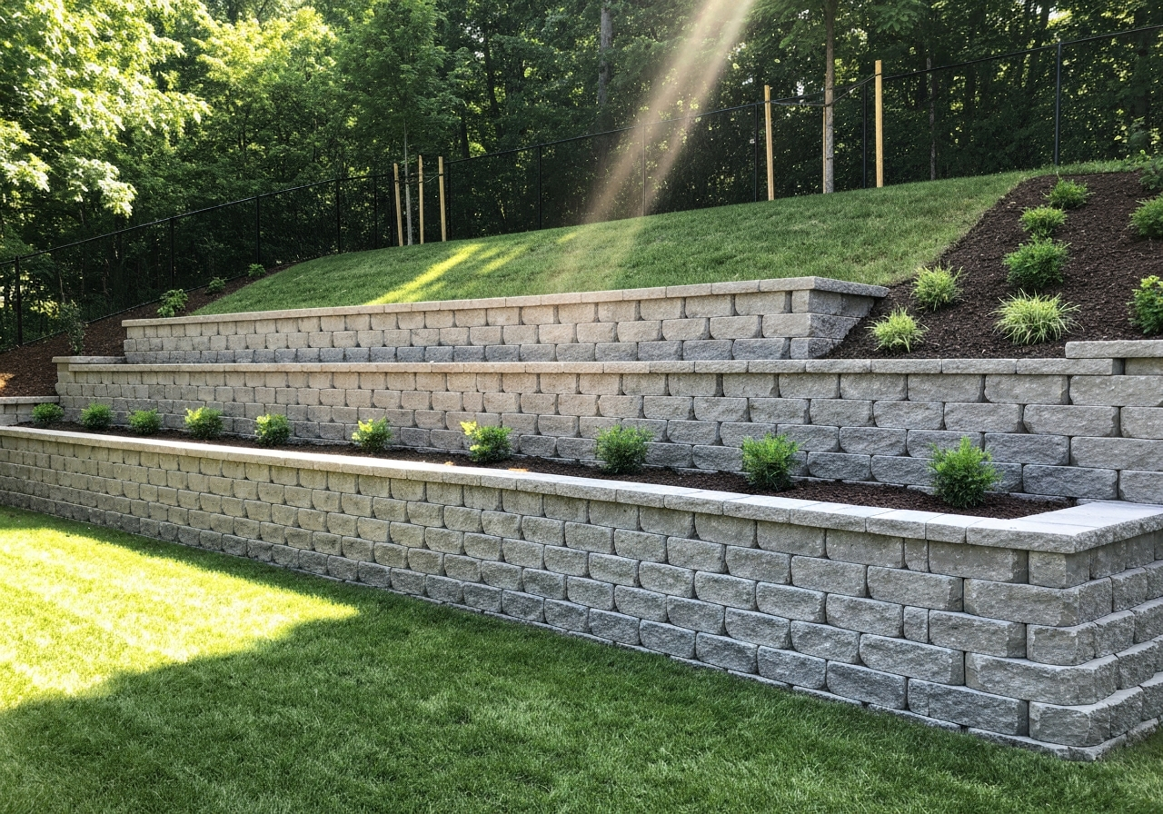 Tiered segmental-block retaining wall with level, planted terraces