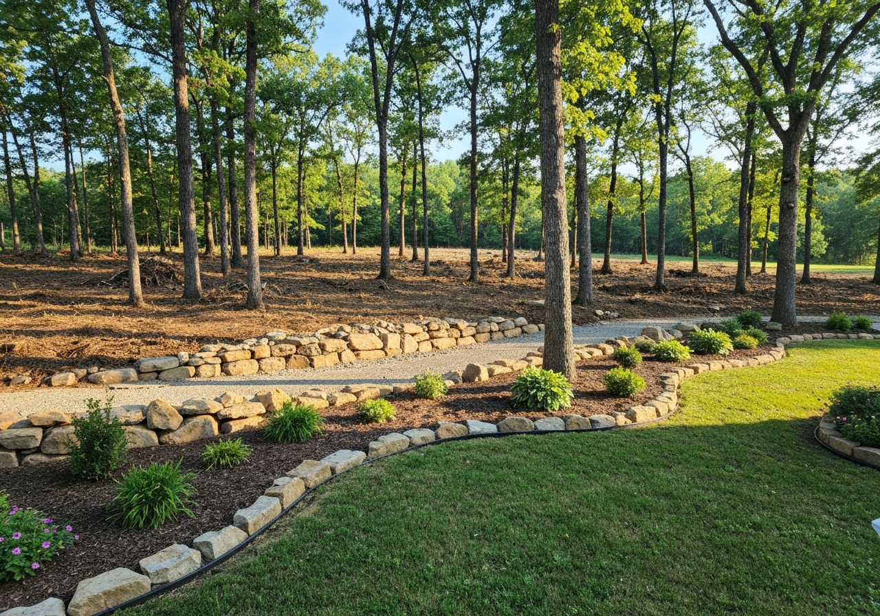 After: Cleared, graded lot with clean rock beds