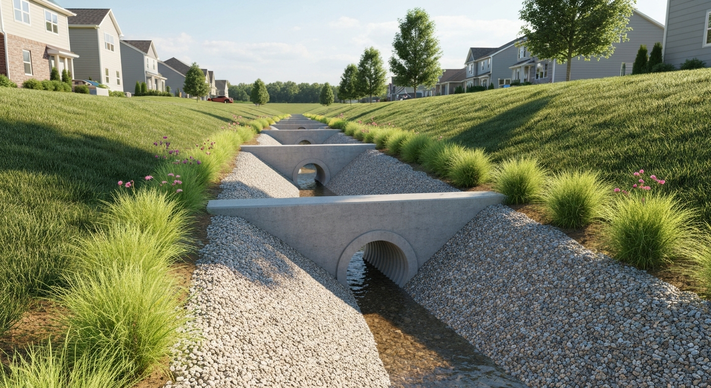 Dry creek bed drainage solution