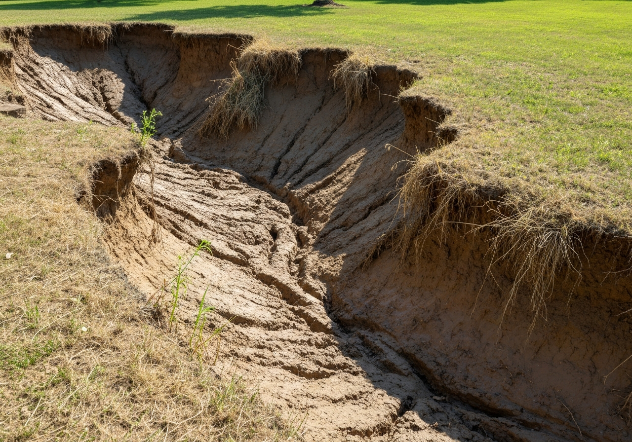 A steep, muddy, eroding backyard slope before landscaping work