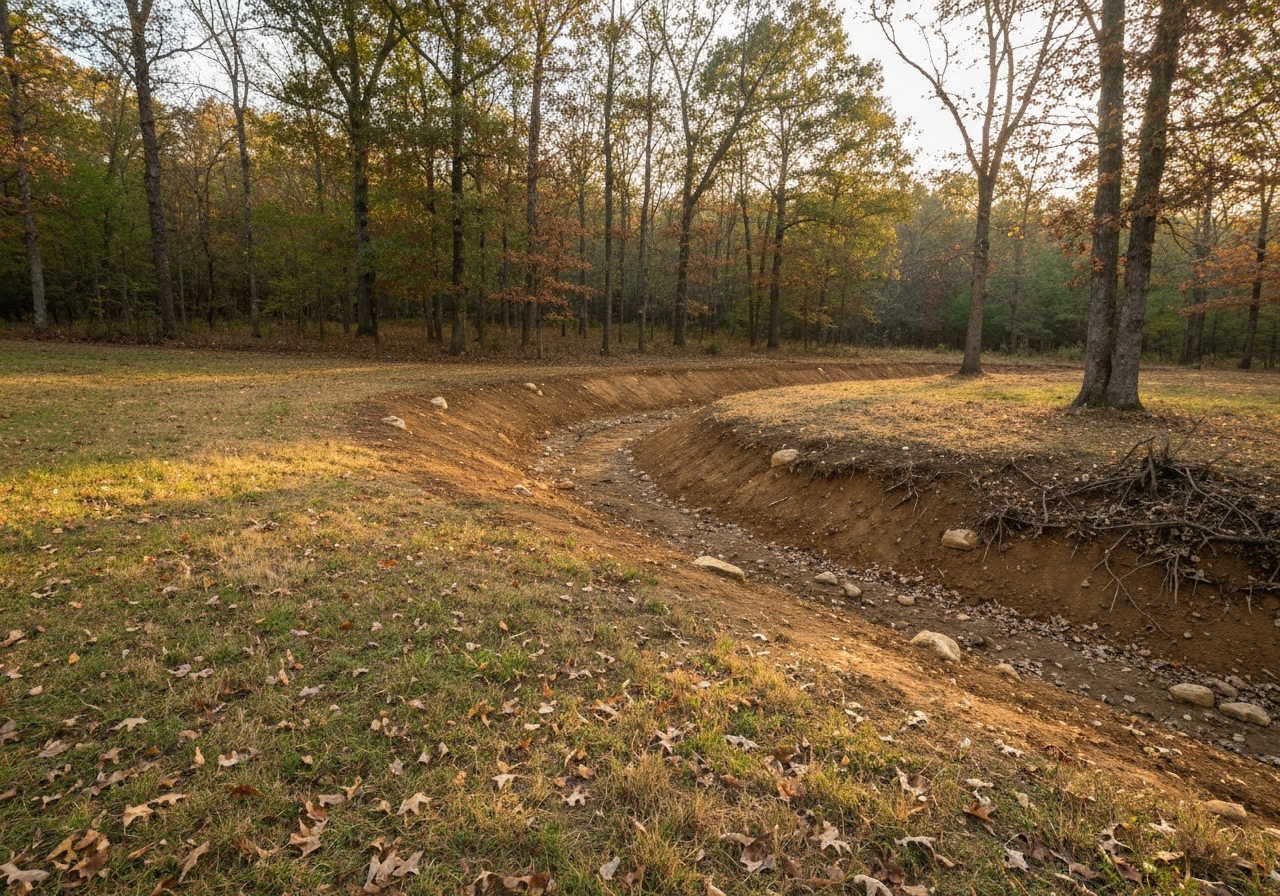 Grading and dry creek bed for rural acreage drainage