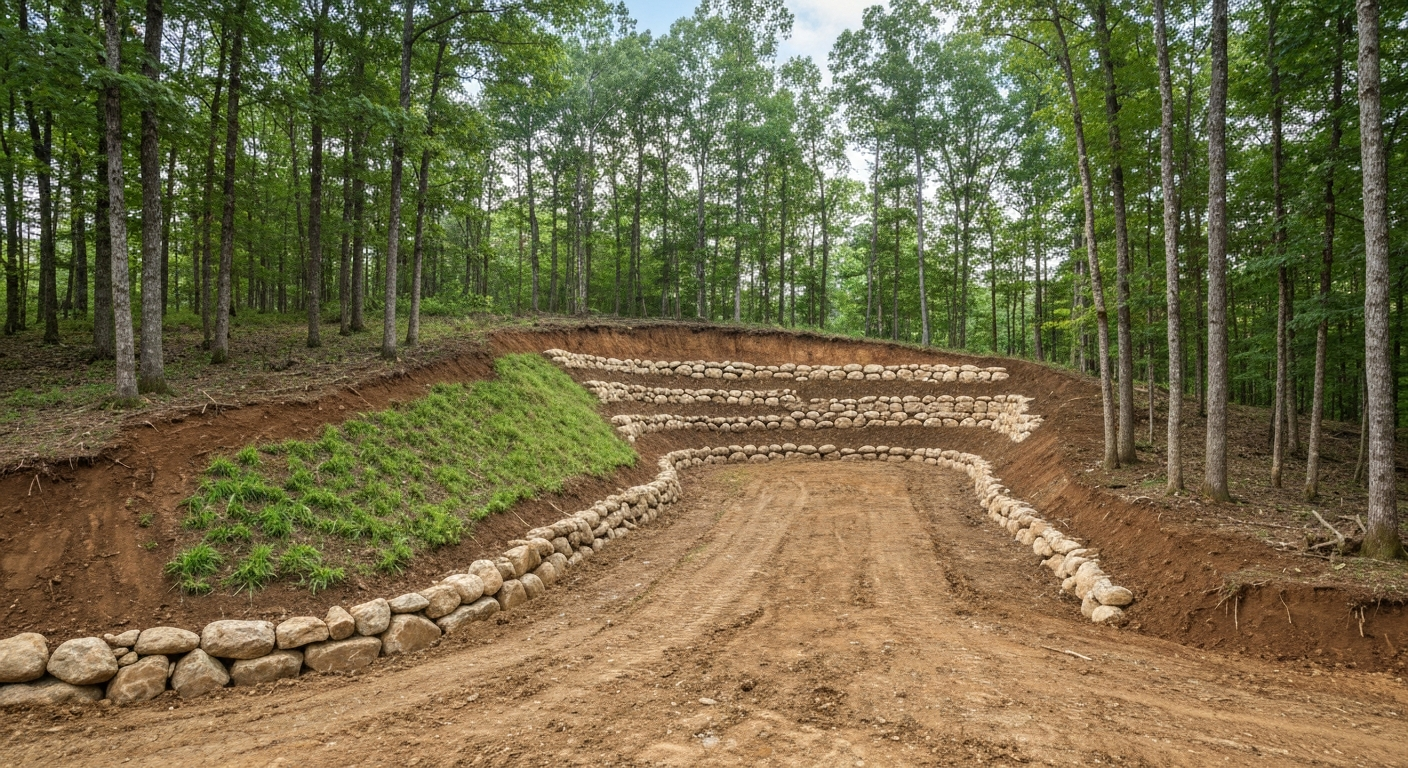 Veteran-owned landscaping crew preparing a wooded Potosi MO property for drainage and grading