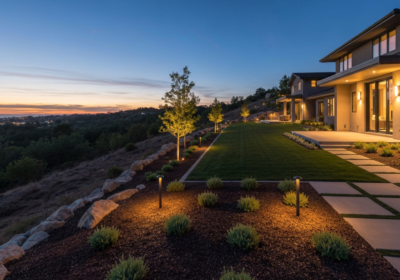 Landscape lighting on a hillside home