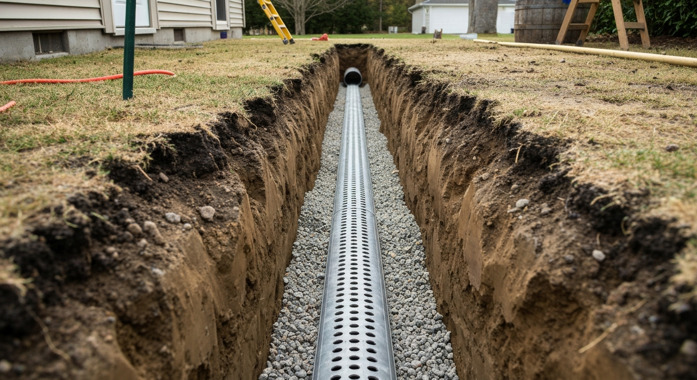 French drain installation trench