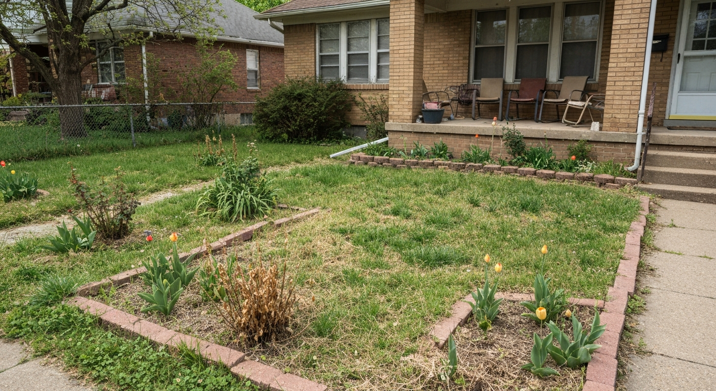 Overgrown front yard before landscaping