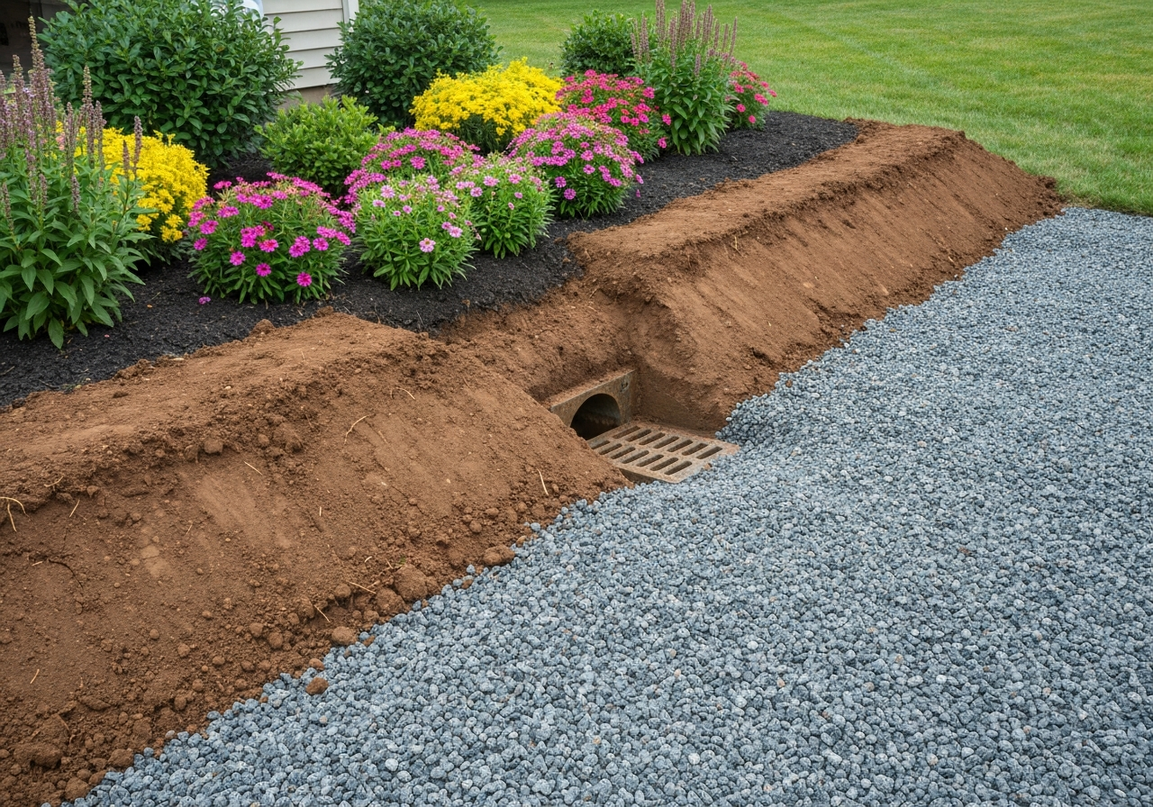 French drain installation in a clay yard