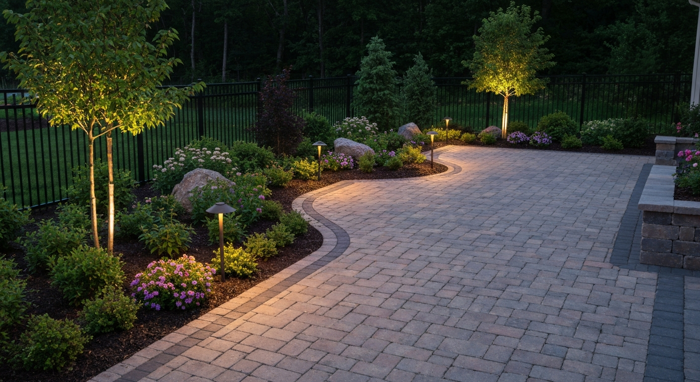 Finished designed backyard matching a plan with patio, beds, and landscape lighting at dusk