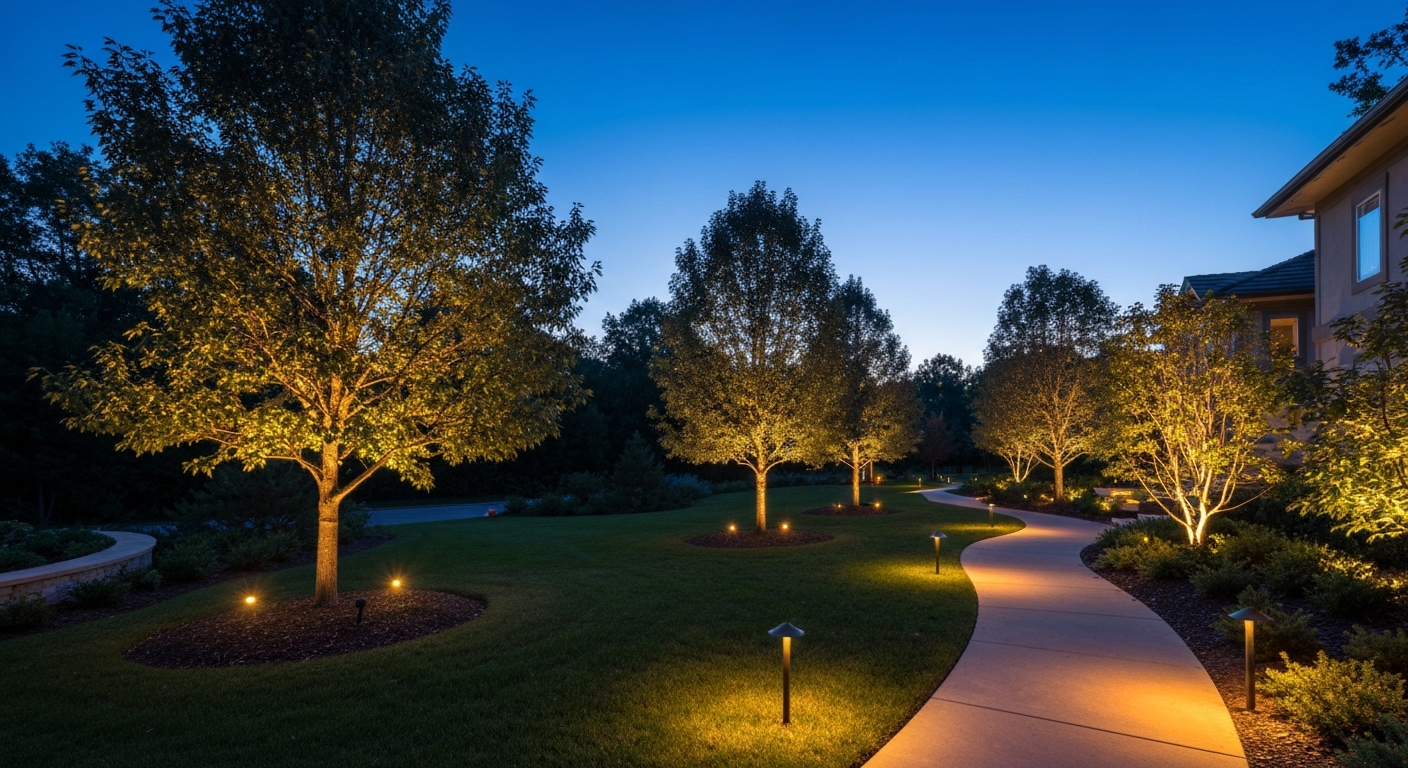 Landscape lighting along a walkway near a mature-tree home in Bonne Terre Missouri
