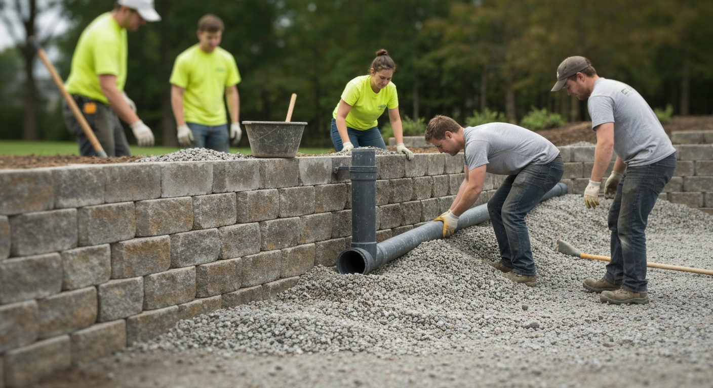 Crew laying gravel backfill and drain pipe behind a partially built wall