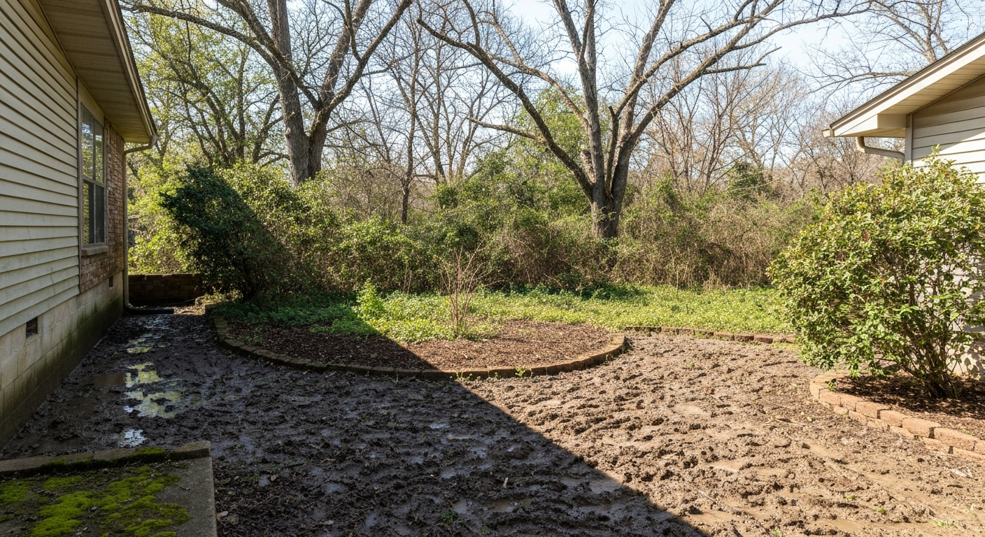 Before: Overgrown front yard with muddy beds