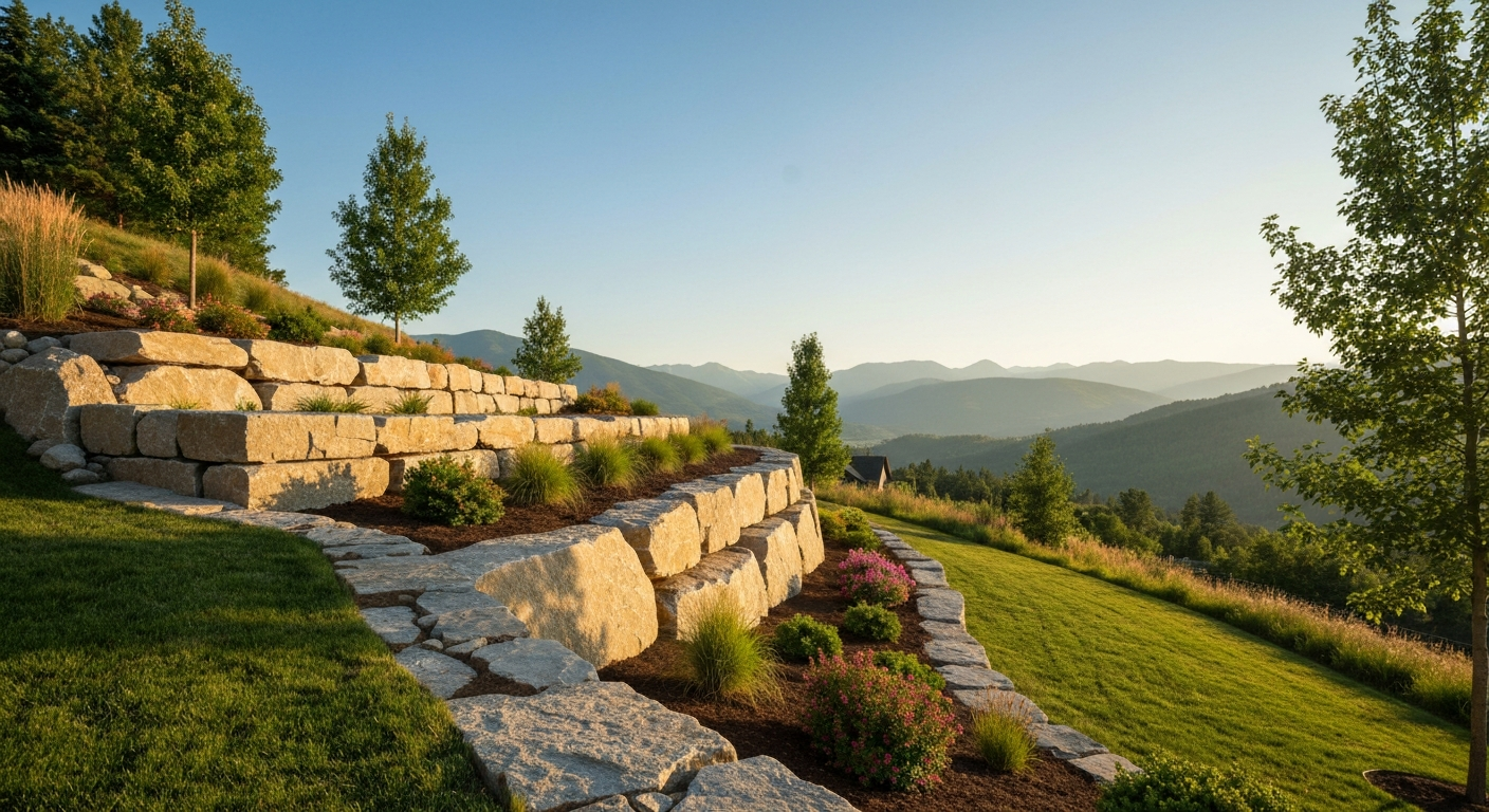 After: Finished natural stone retaining wall on a granite slope