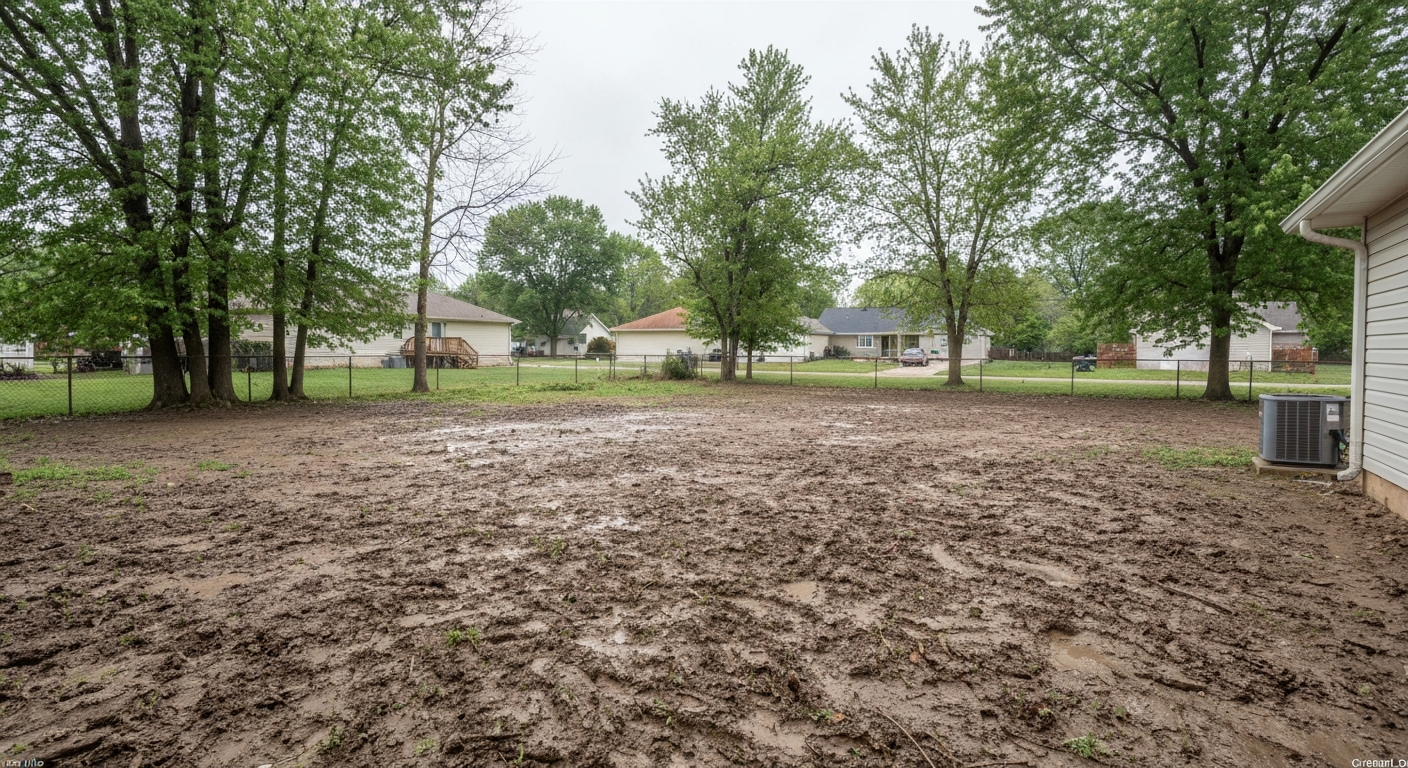 Plain, unused, muddy backyard before hardscaping