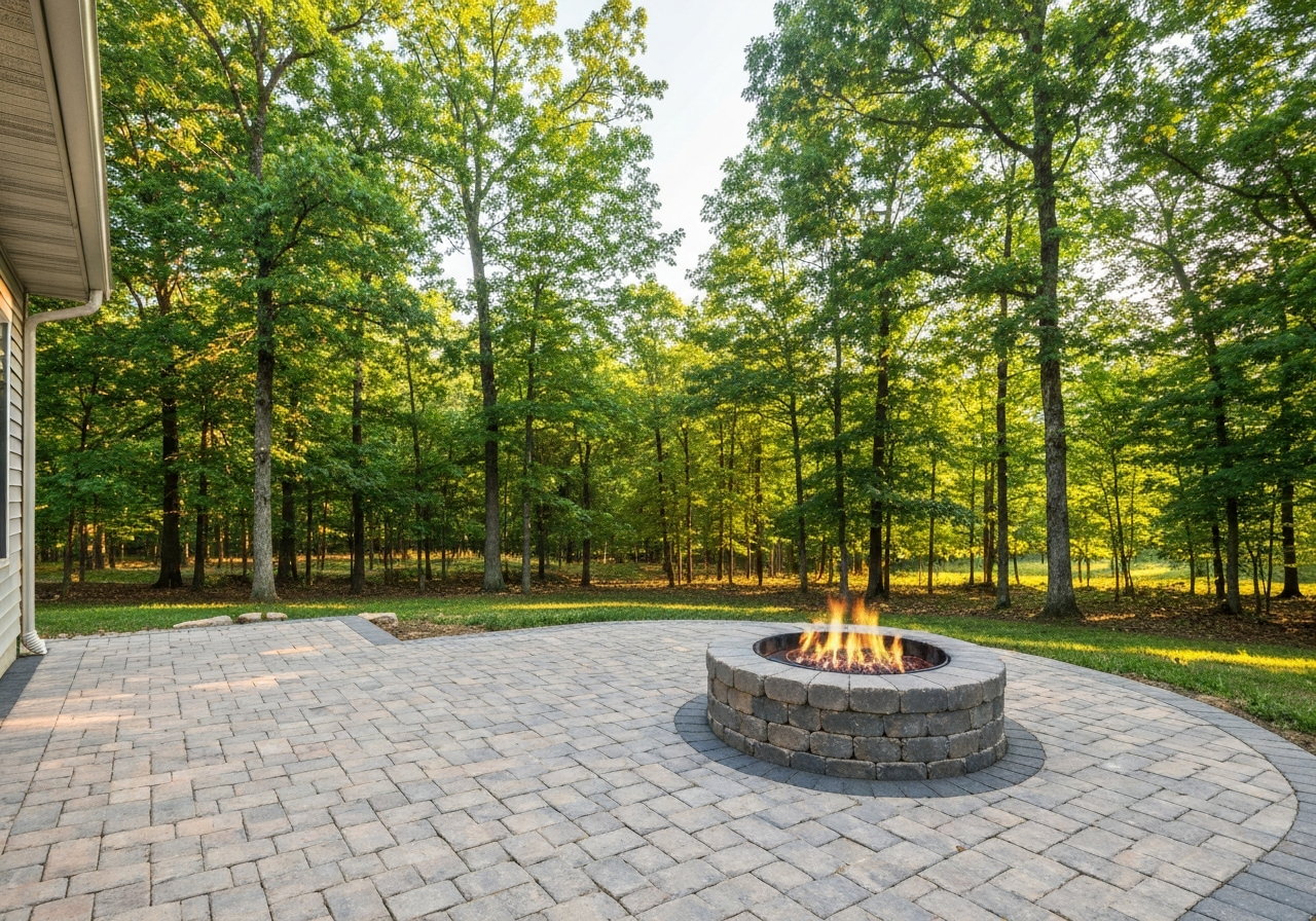 Paver patio and fire pit on rural property