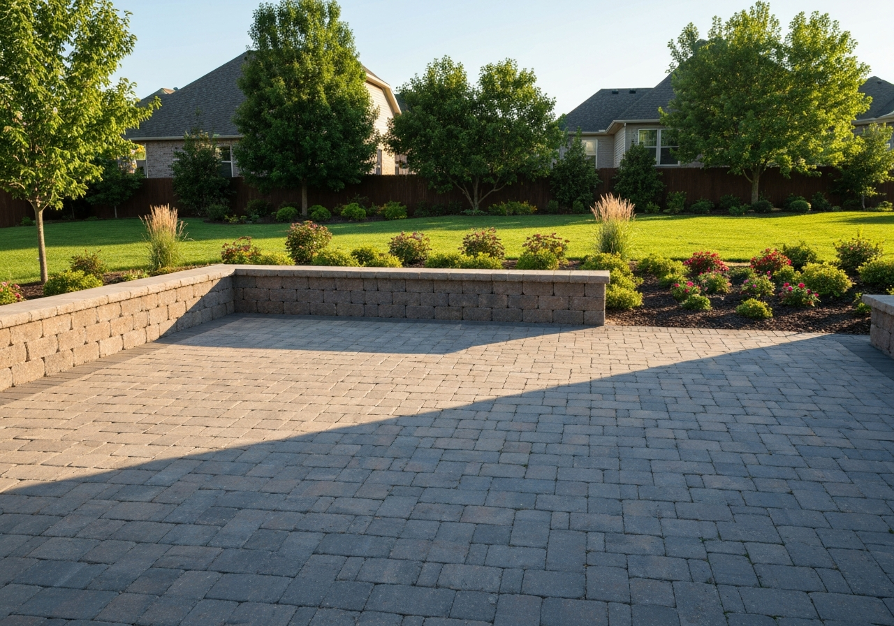 Paver patio and seating wall in a residential backyard