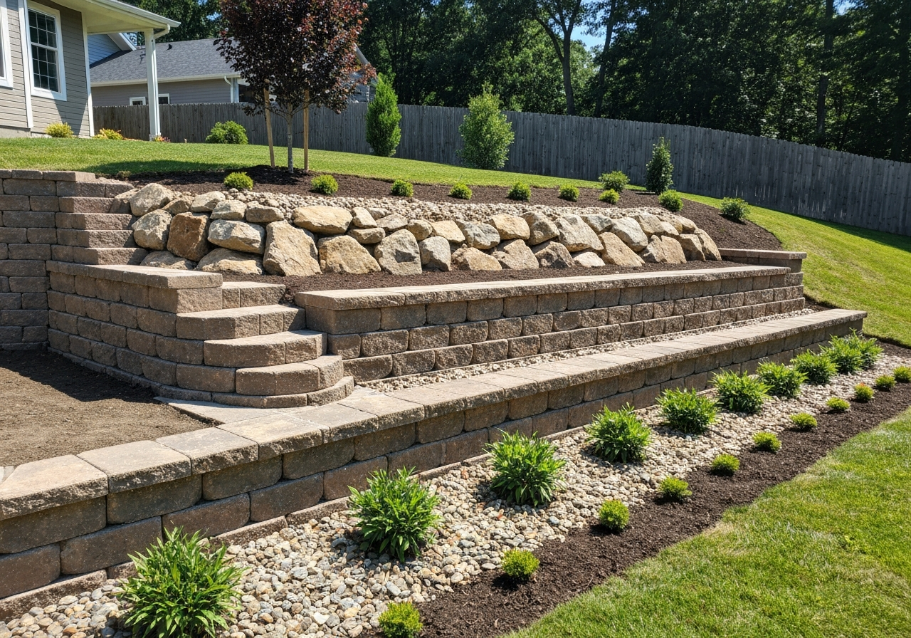 Finished tiered retaining wall with rock beds in Park Hills after landscaping