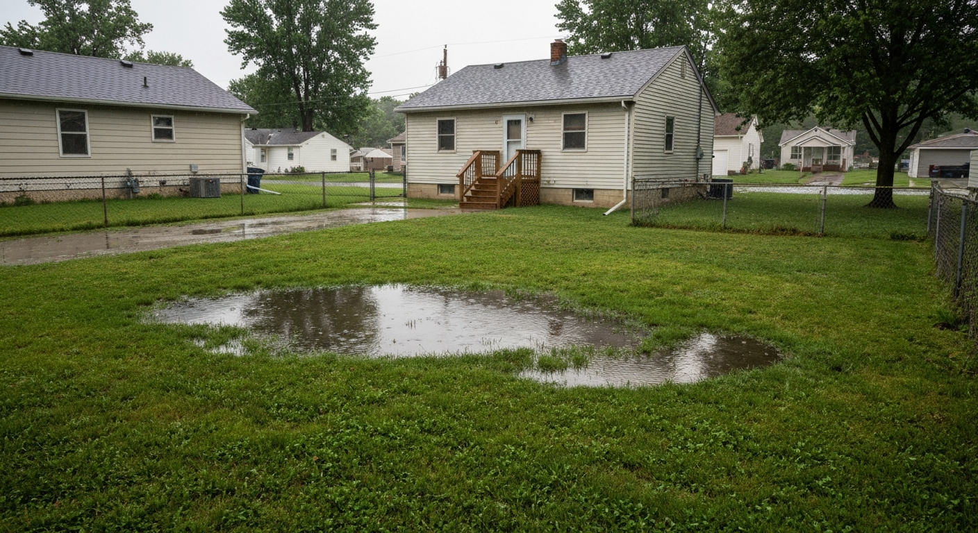 Soggy backyard with standing water pooling near the house before drainage fix