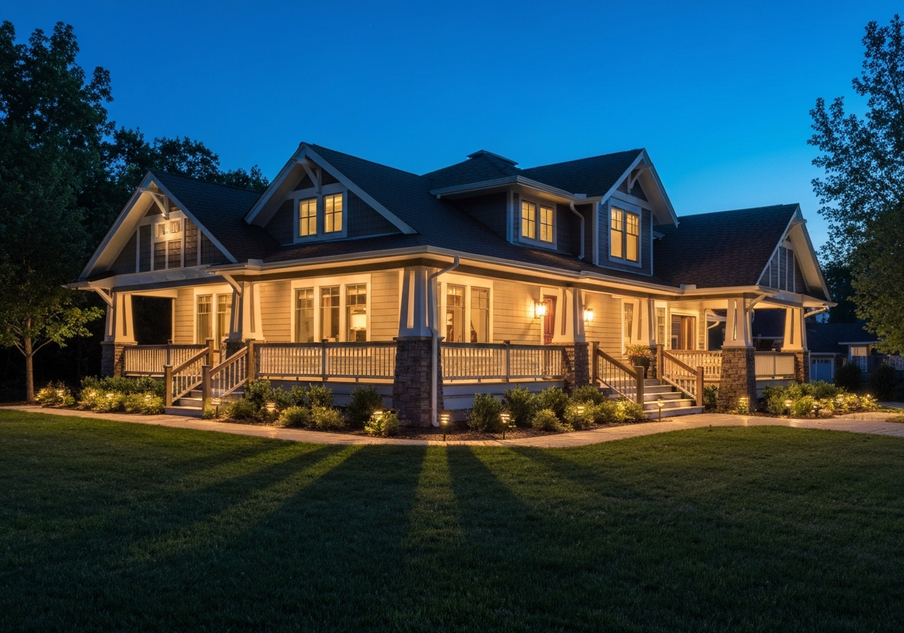 Landscape lighting on a craftsman-style home at dusk
