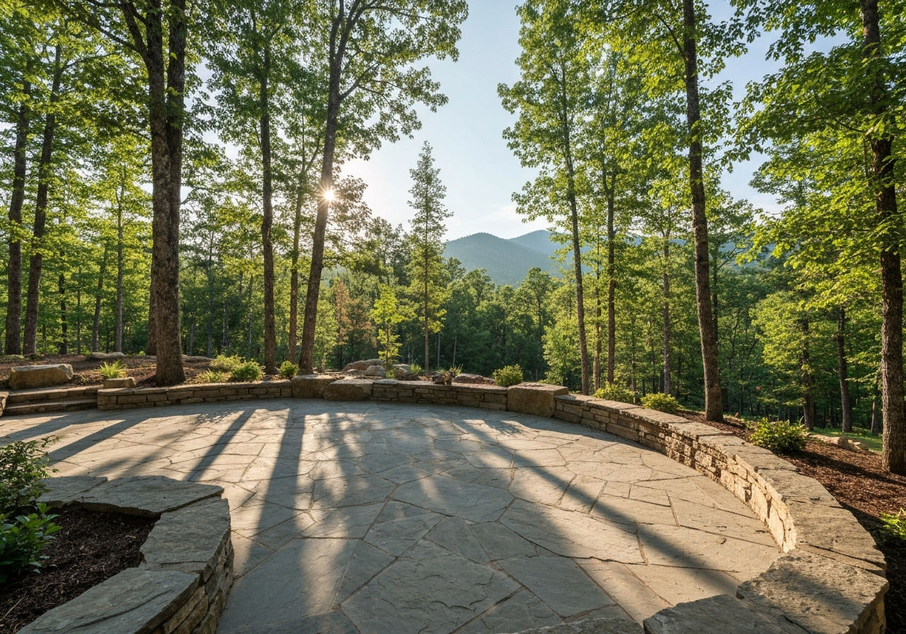 Flagstone patio and hardscaping in a wooded setting