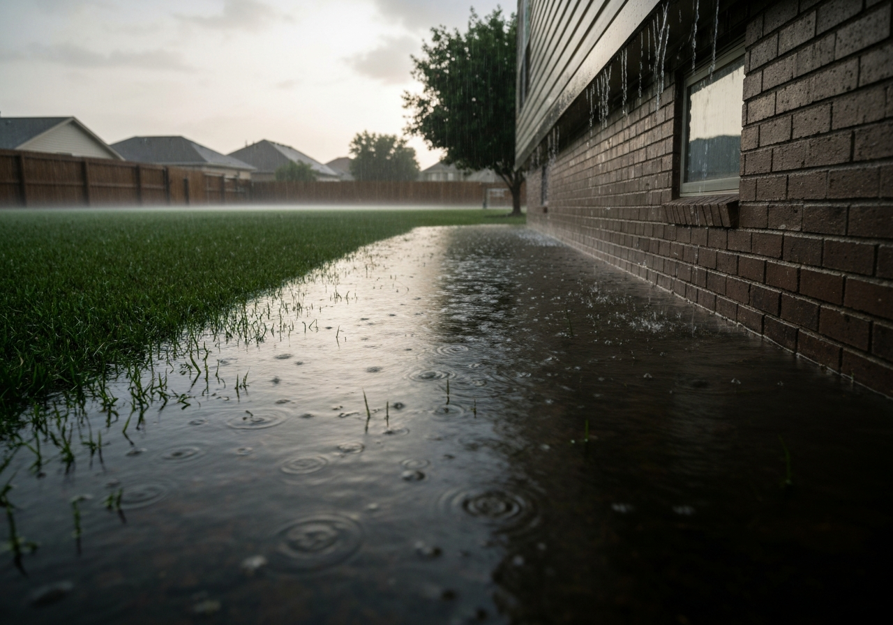 A residential backyard with standing water and soggy grass pooling near the foundation