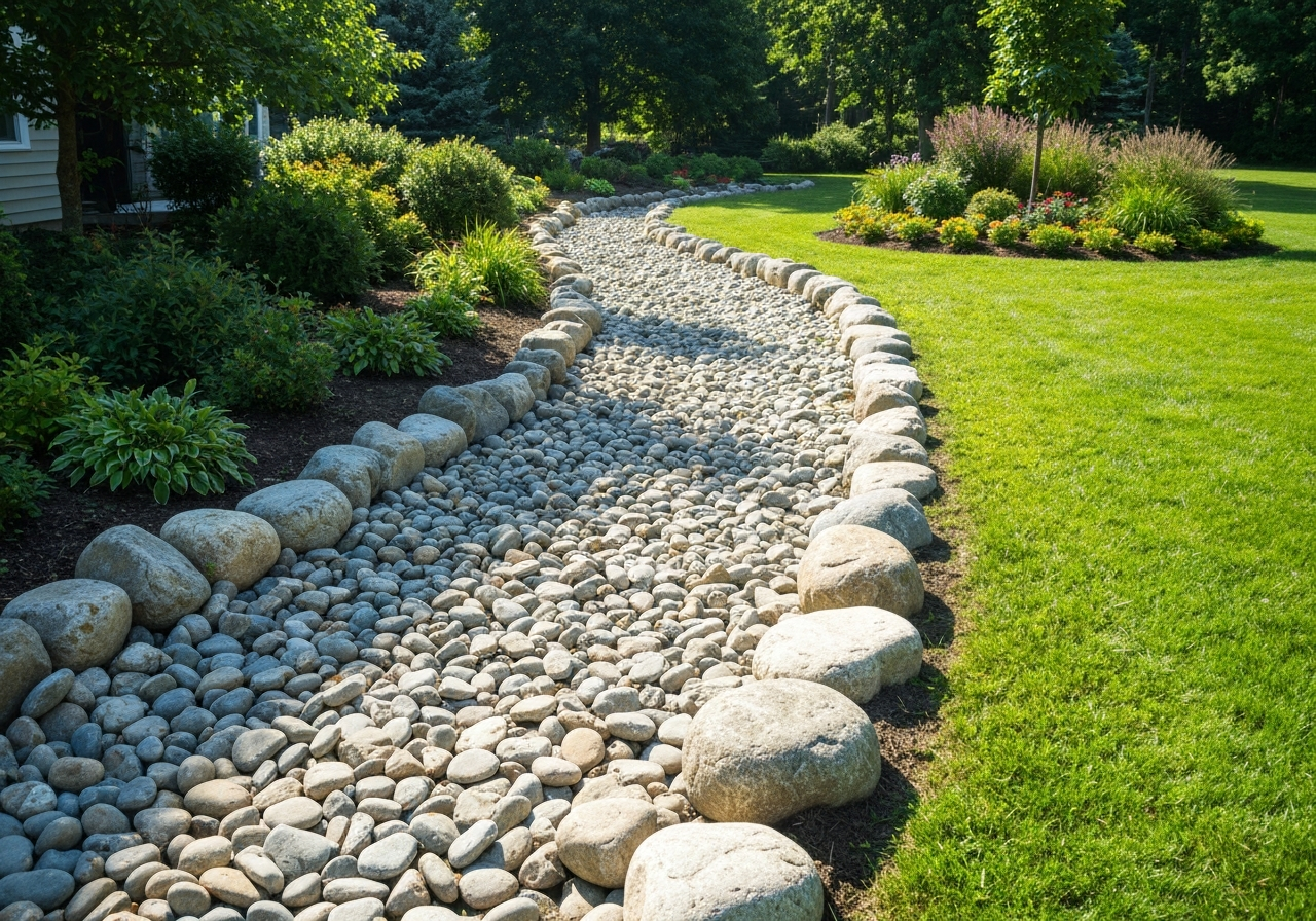 Tasteful dry creek bed managing drainage in a green yard