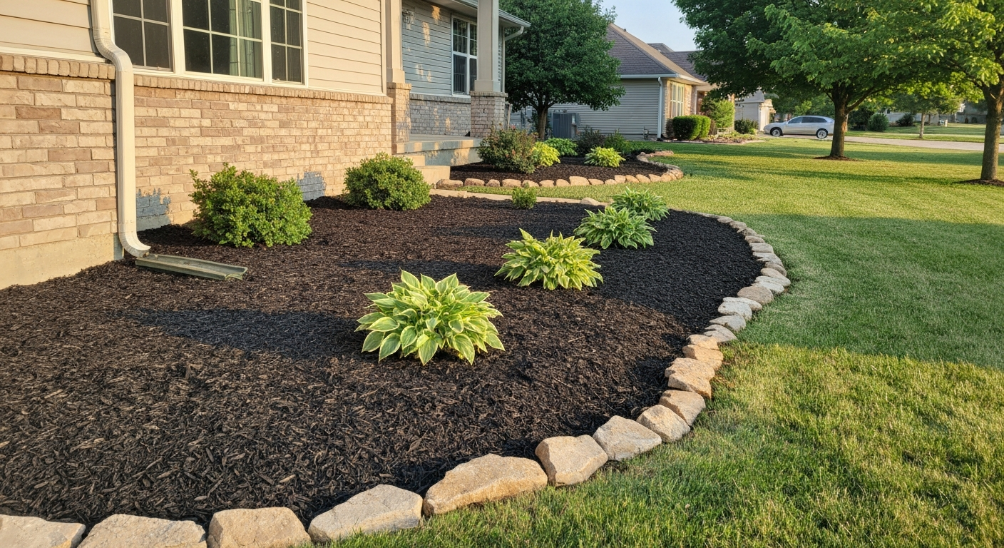After: Fresh mulch, clean rock borders, and tidy curb appeal