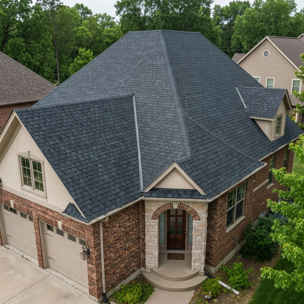 Newly installed asphalt shingle roof on a Fort Wayne home