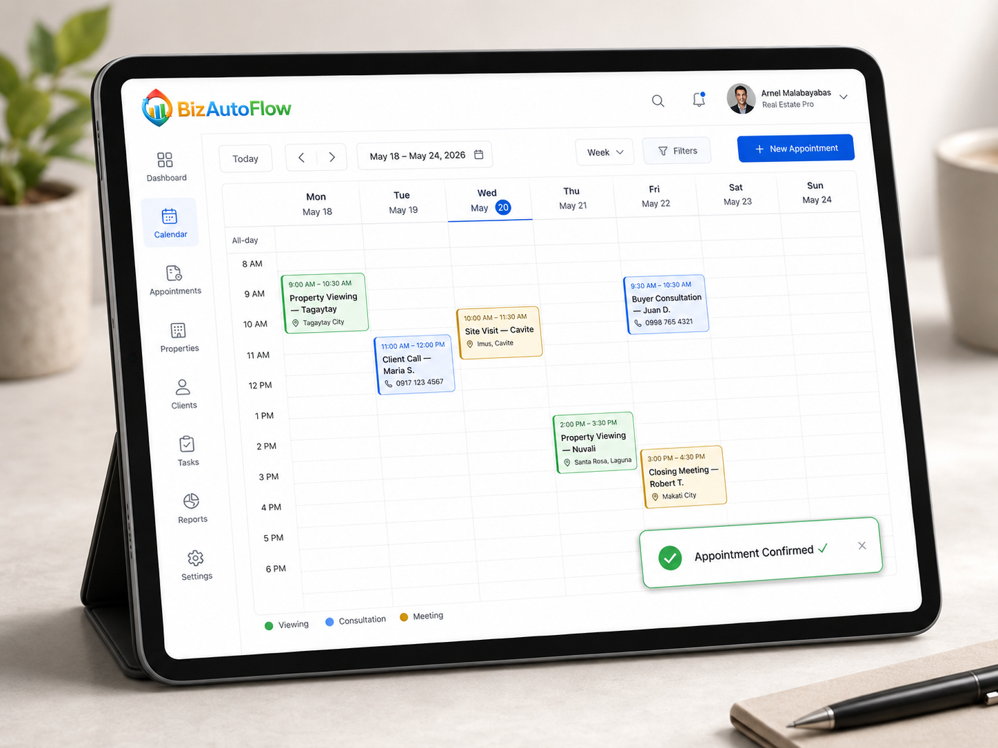 BizAutoFlow calendar showing automated property viewing and appointment bookings