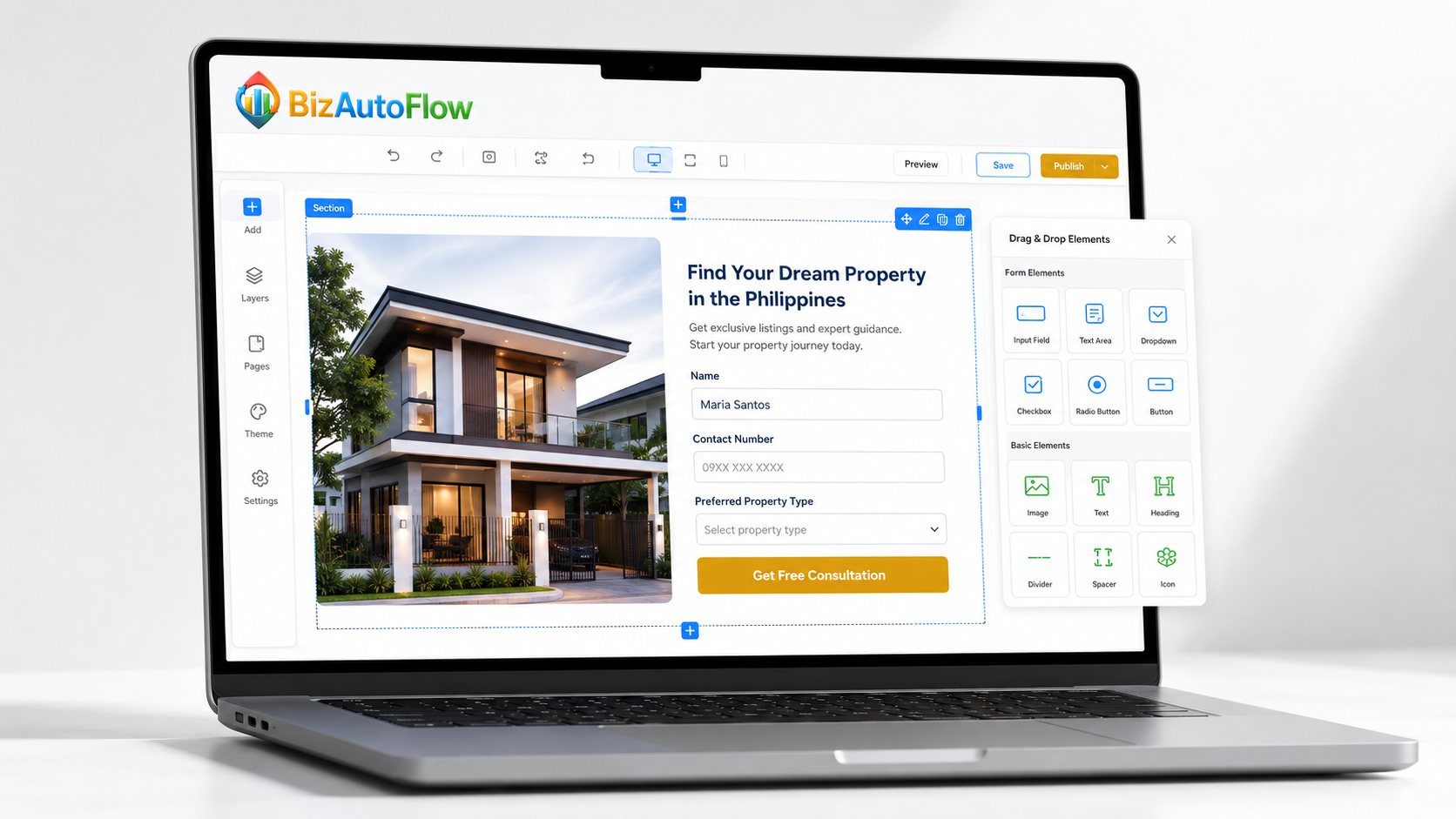 BizAutoFlow landing page builder showing a real estate lead capture form