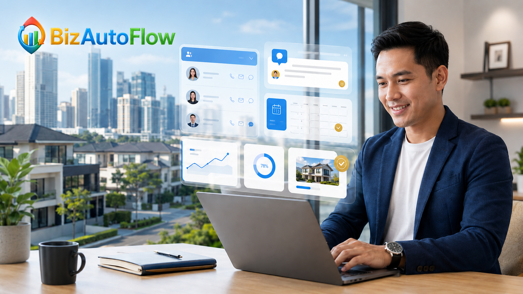 Filipino real estate professional using BizAutoFlow automation platform on laptop