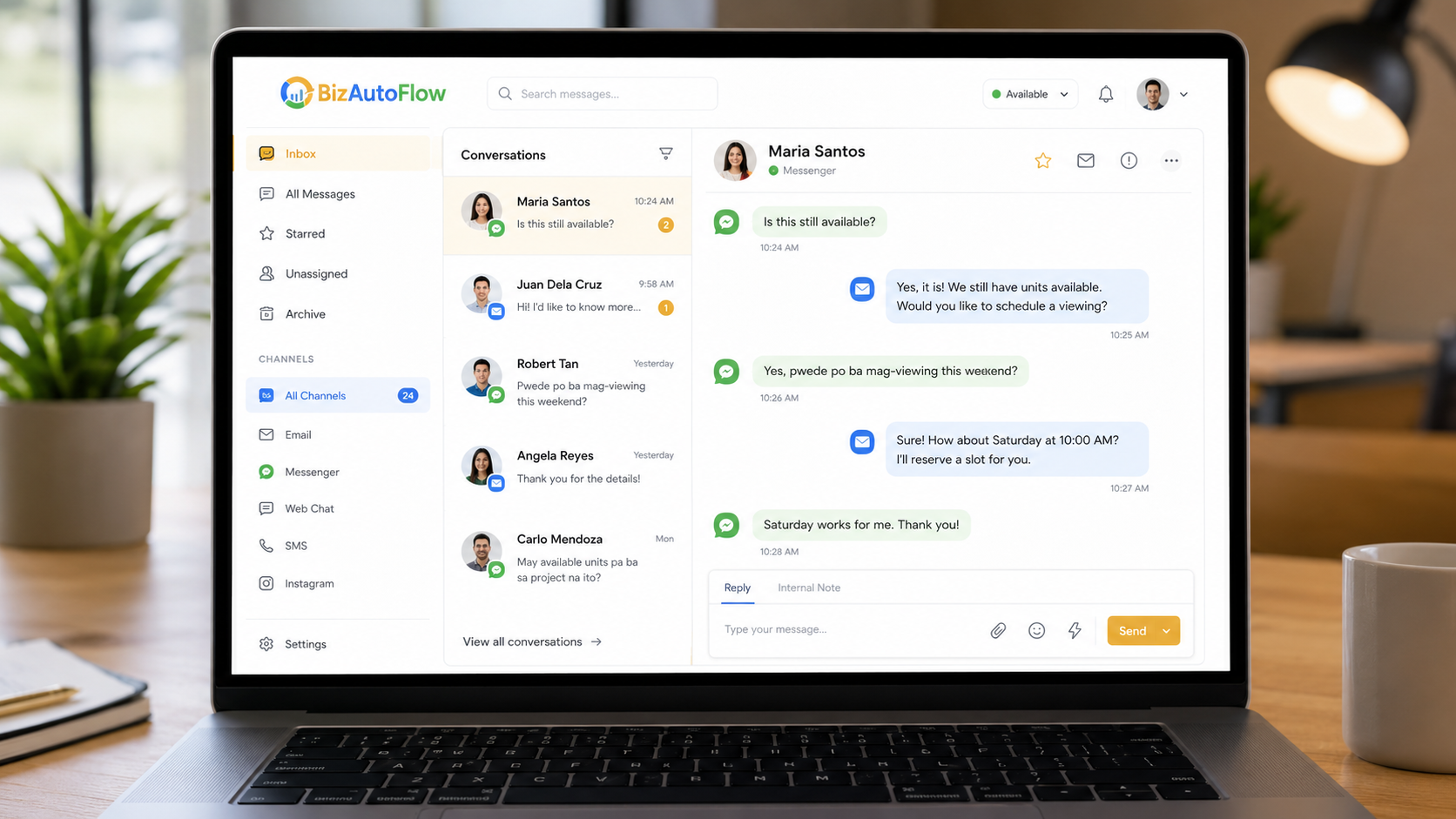 BizAutoFlow unified inbox showing email and Messenger conversations in one screen