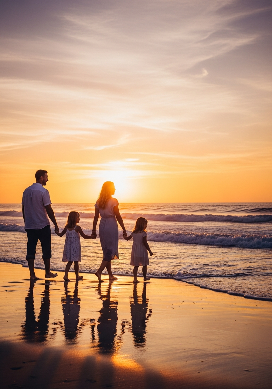 Family with two young girls walking on a beach at sunset