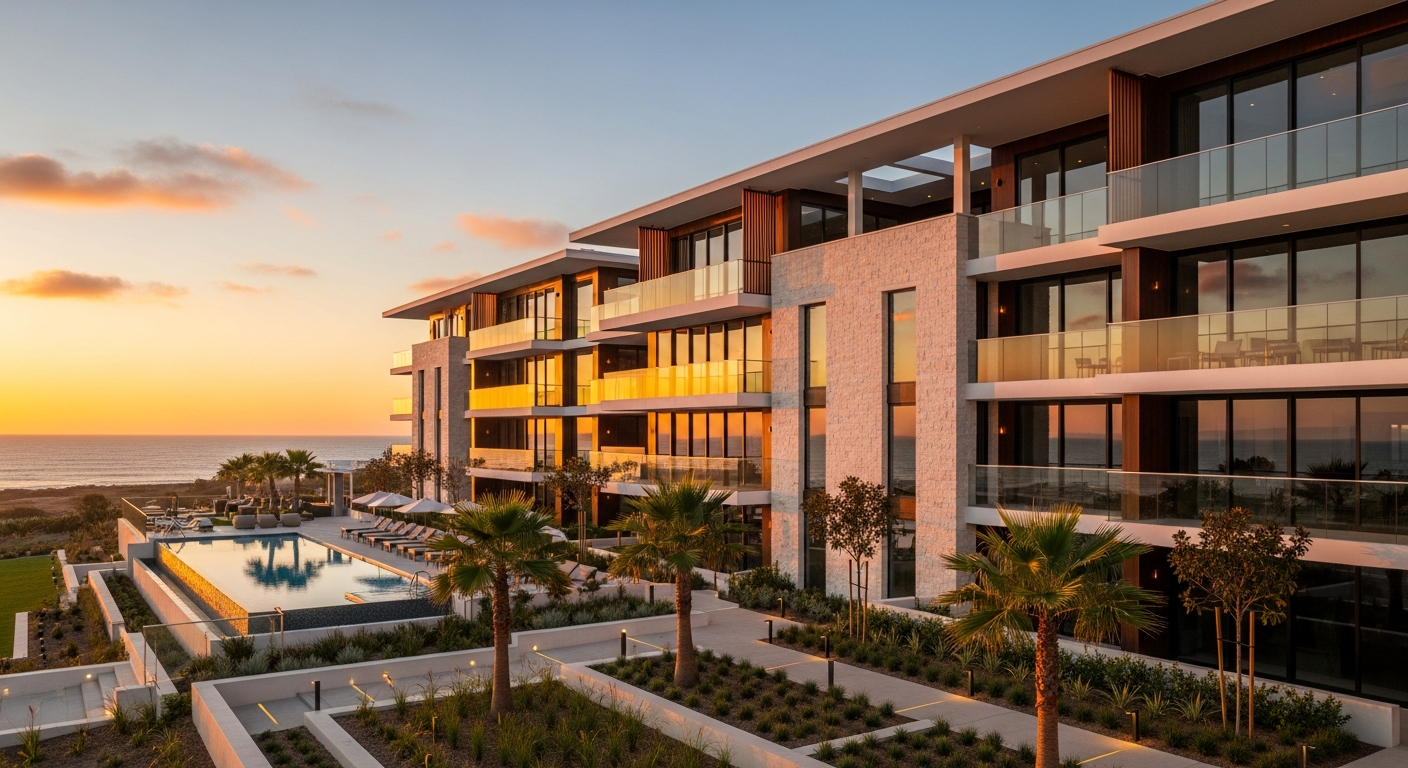 Luxury coastal property at sunset