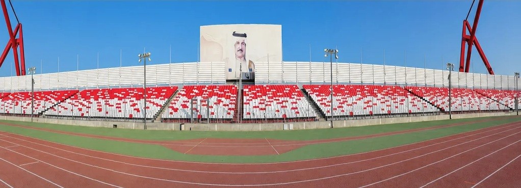 Bahrain National Stadium multicolored aluminum ceiling panels in concourse