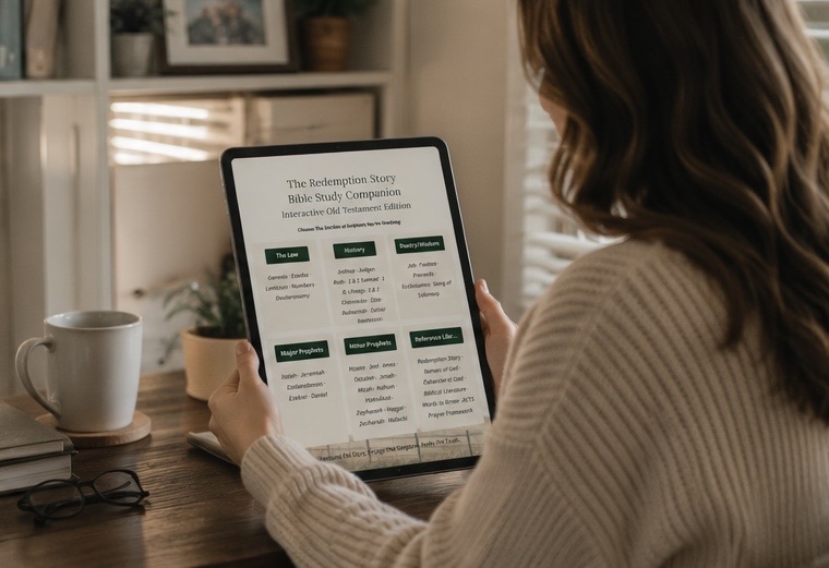 The Redemption Story Companion on Tablet alongside open Bible
