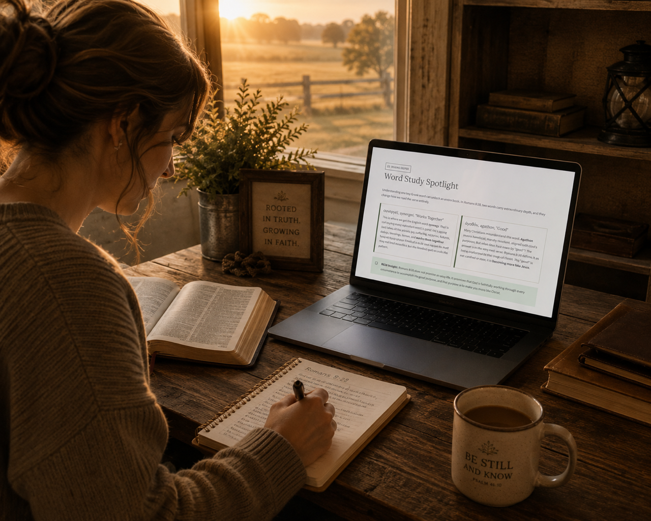 Studying Scripture with laptop and journal