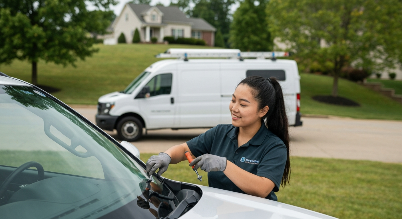Auto Glass Technician Replacing Windshield