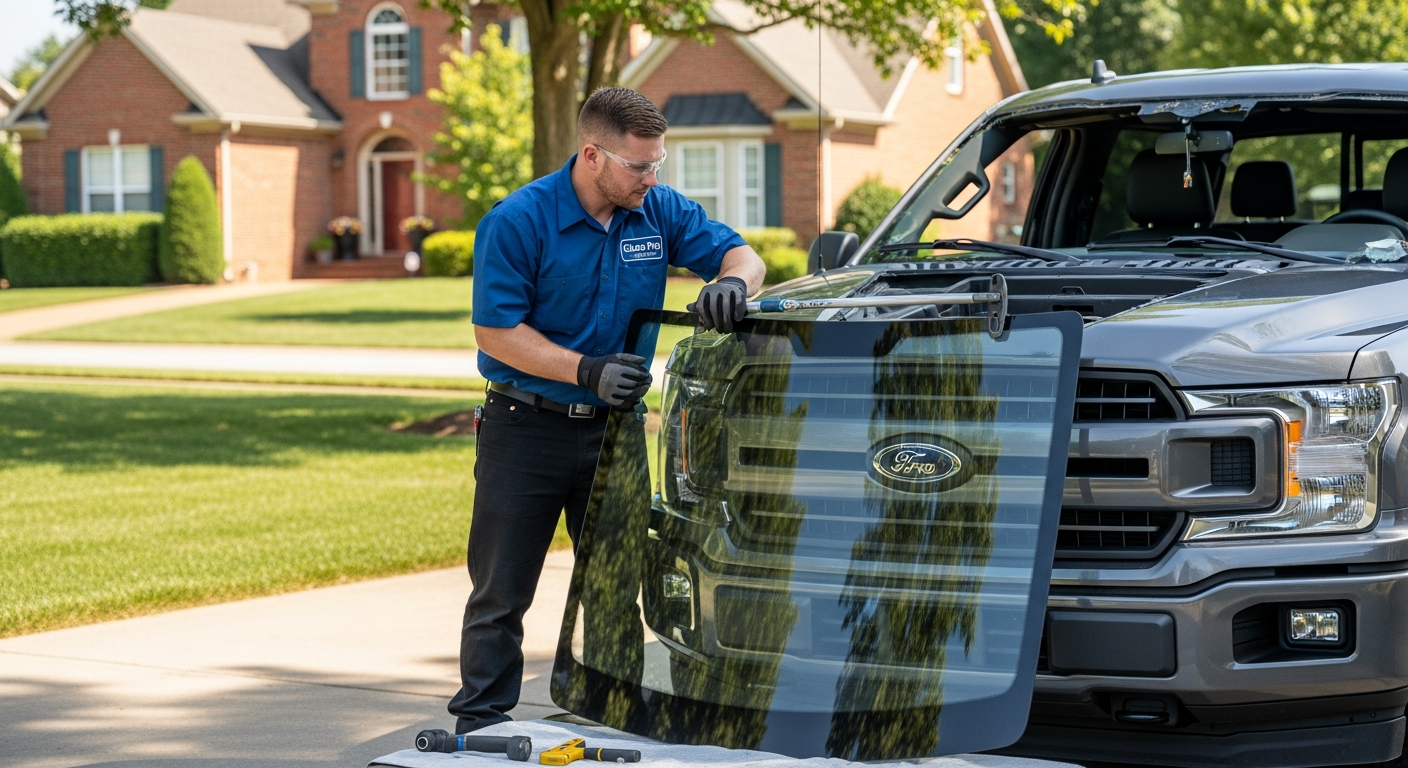 Professional auto glass technician replacing windshield on a truck in Middle Tennessee