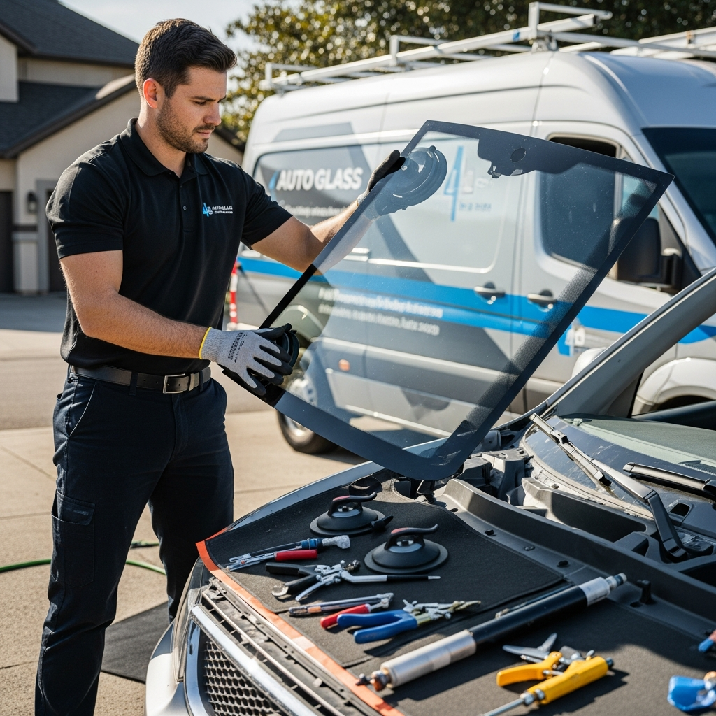 Godspeed Auto Glass technician installing windshield on truck in Tennessee driveway