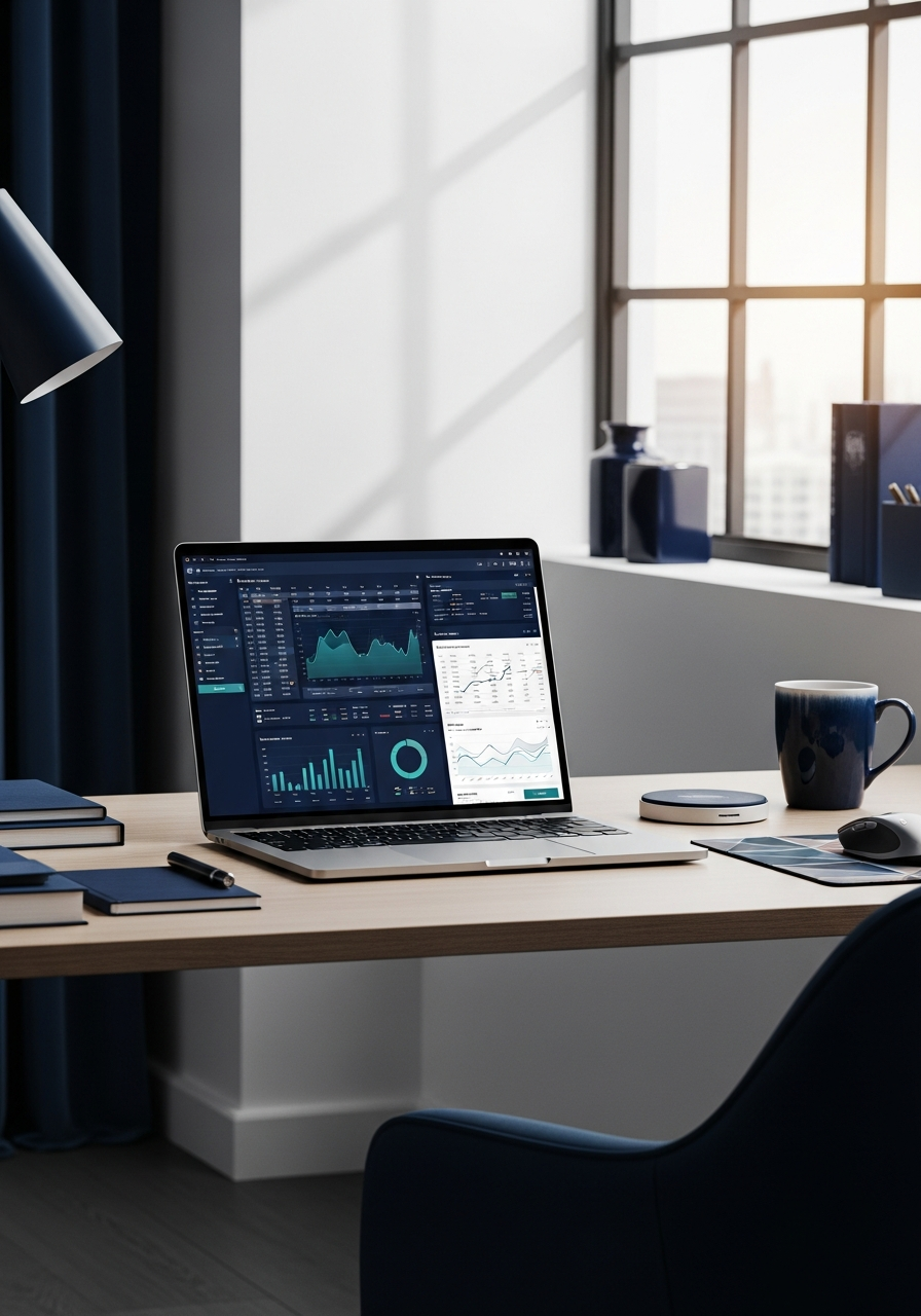 Professional Finance Workspace with QuickBooks dashboard and training materials