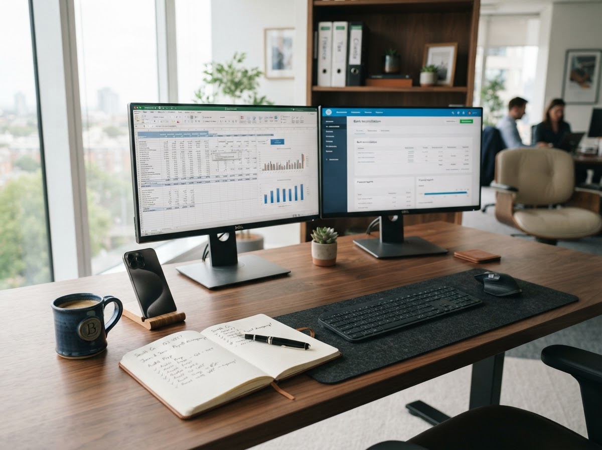 Professional bookkeeper's desk with dual monitors showing financial work and client communication