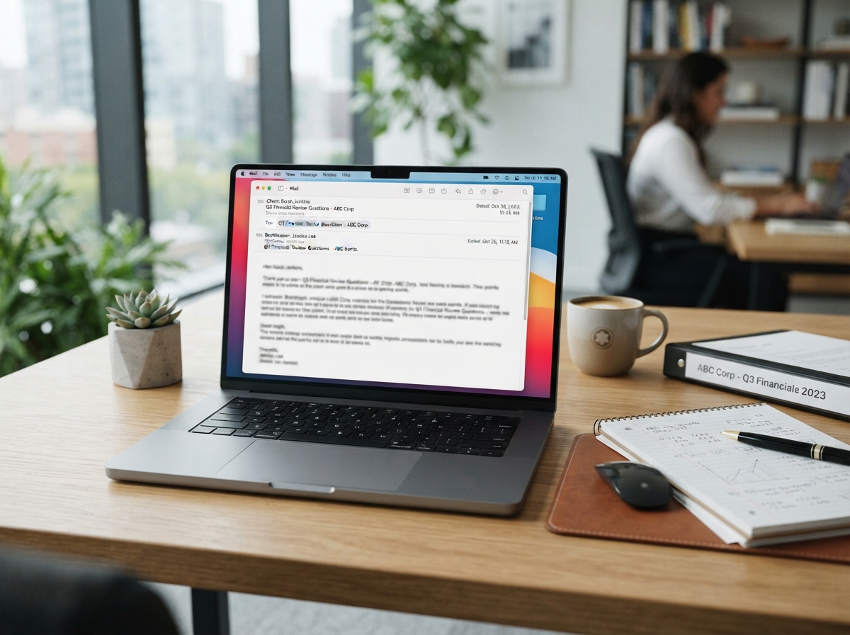 Email communication between bookkeeper and client about financial records